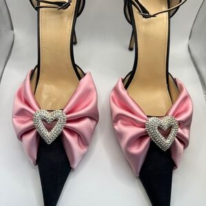 Mach & Mach Pink and Black Women's Pumps with Heart Detail and Ankle Straps